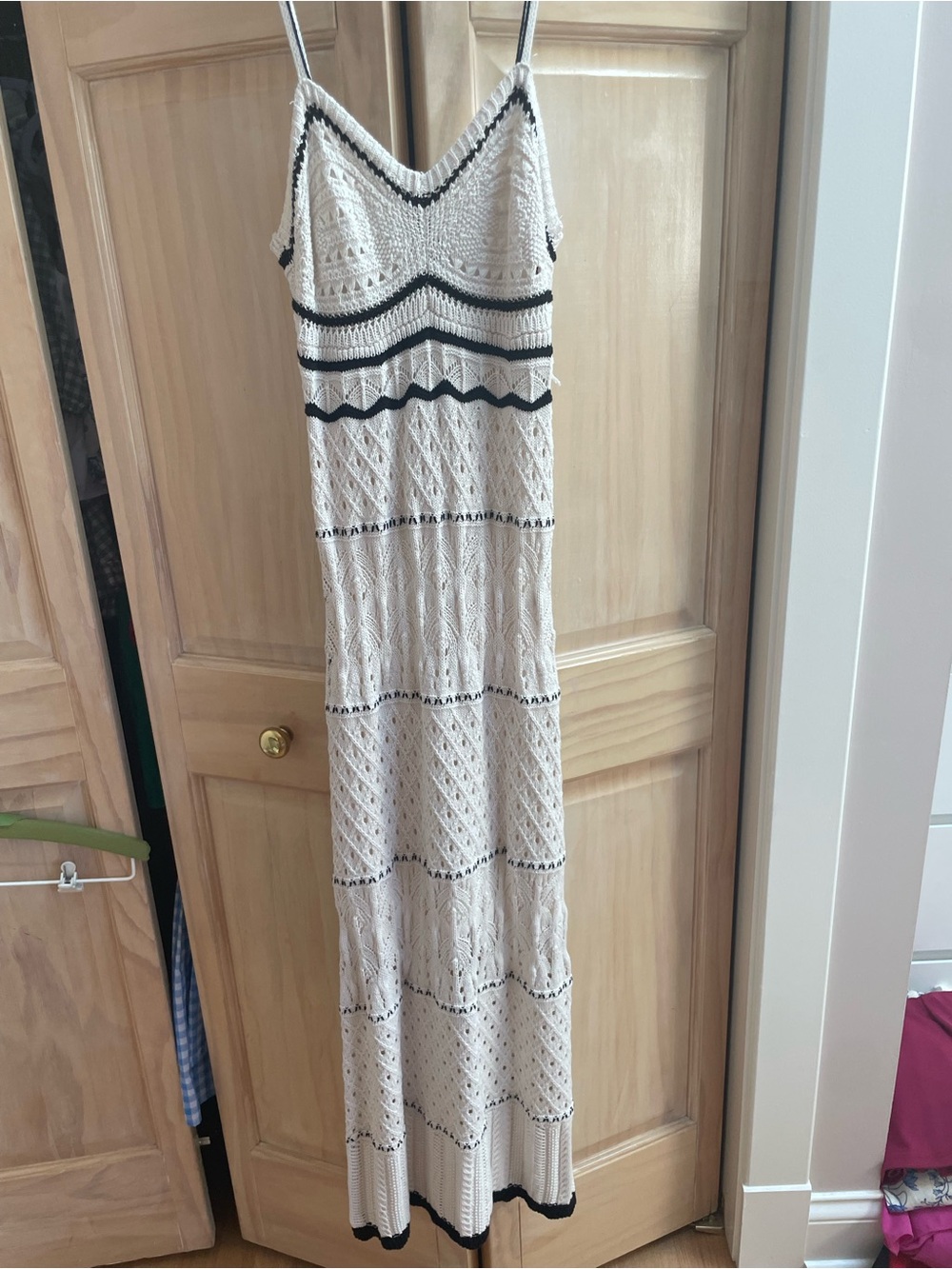 Olive & Oak Cream Crochet Midi Dress with Black Trim